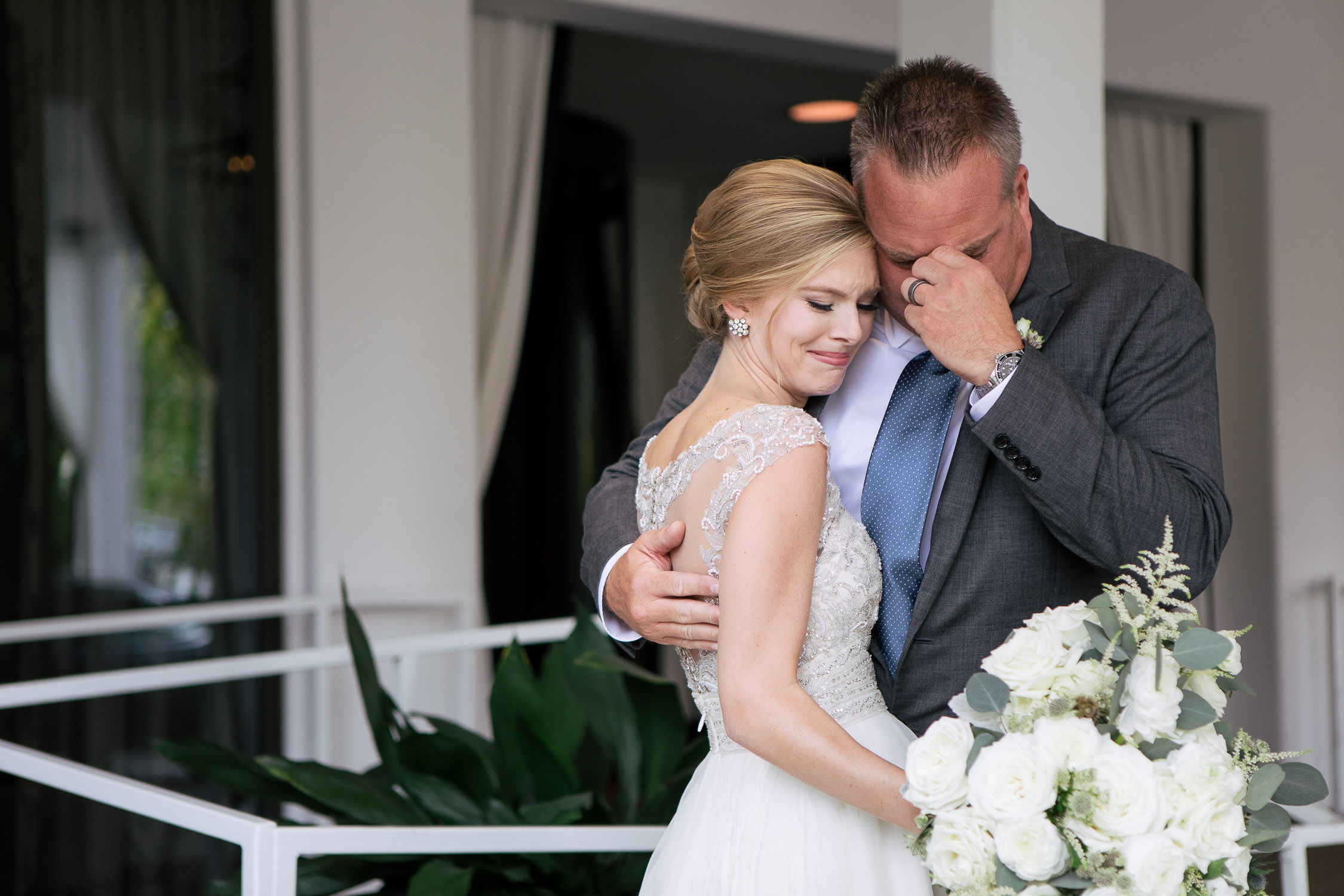 First look with dad at Proximity Hotel wedding Greensboro